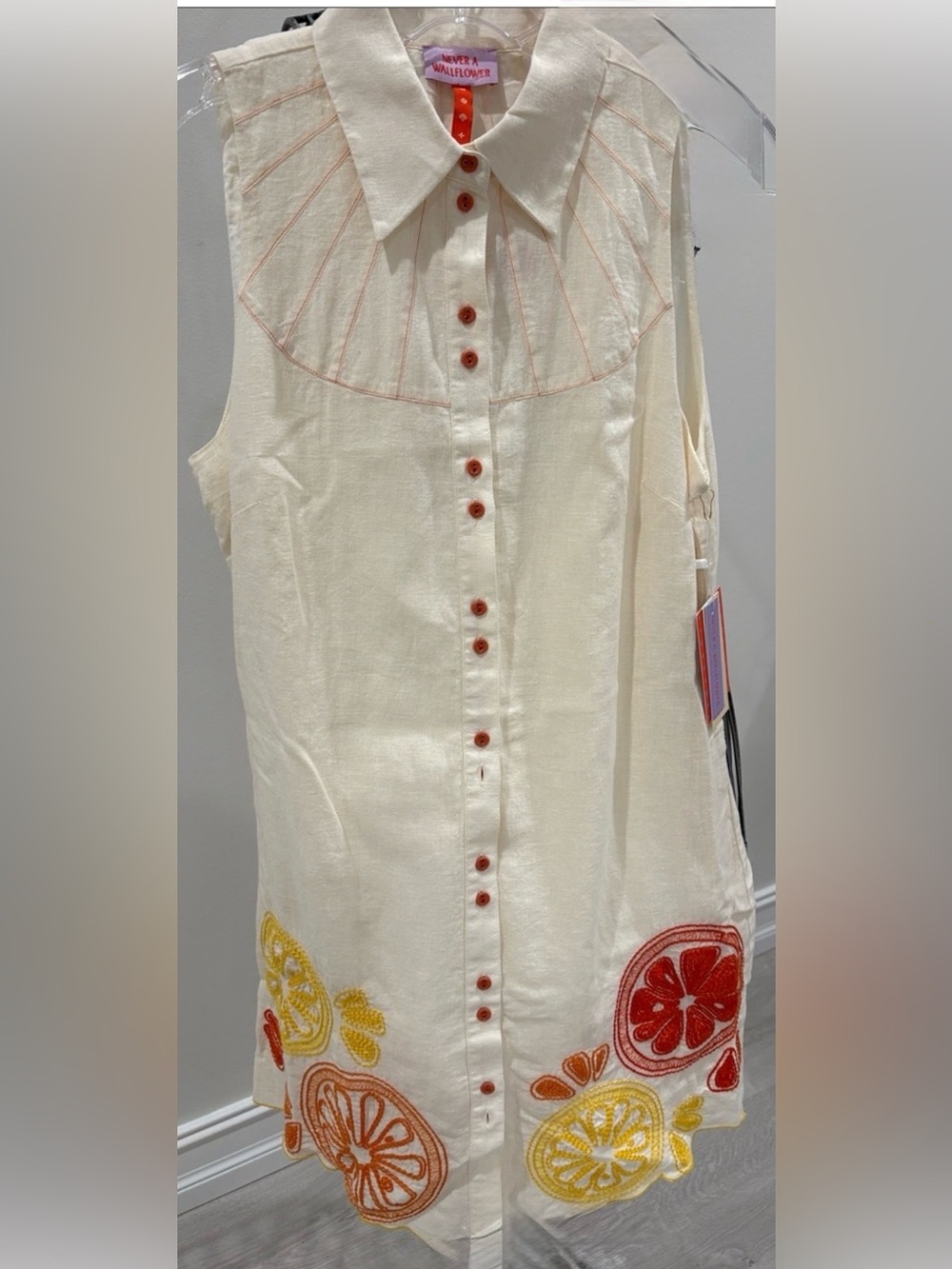 Never A Wallflower Brand  Cream Sleeveless Shirt Dress with Citrus Embroidery